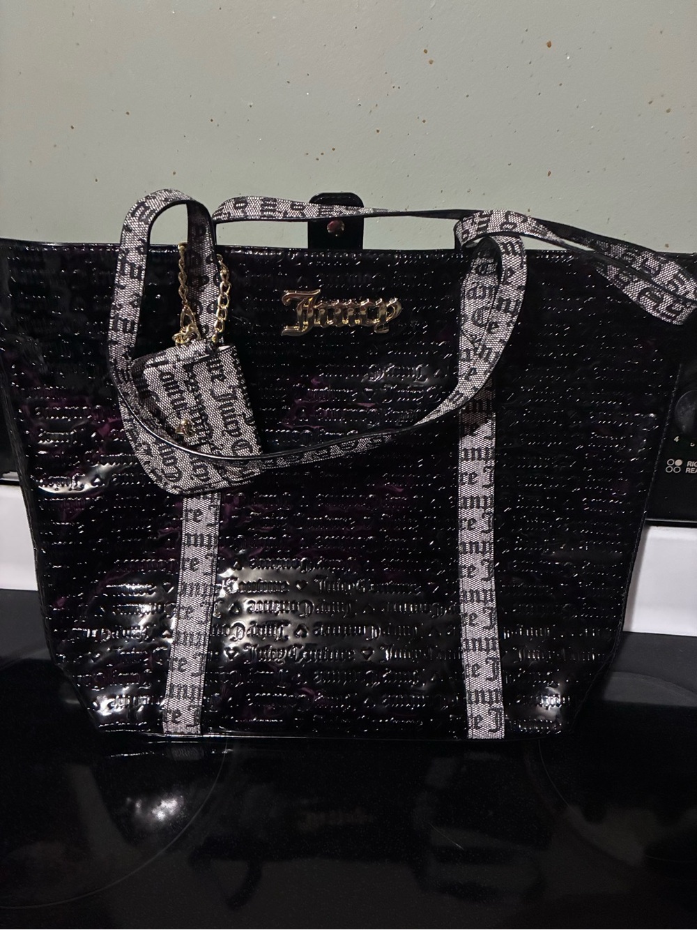 Juicy Couture Black Patent Tote with Printed Straps and Logo Charm & makeup bag